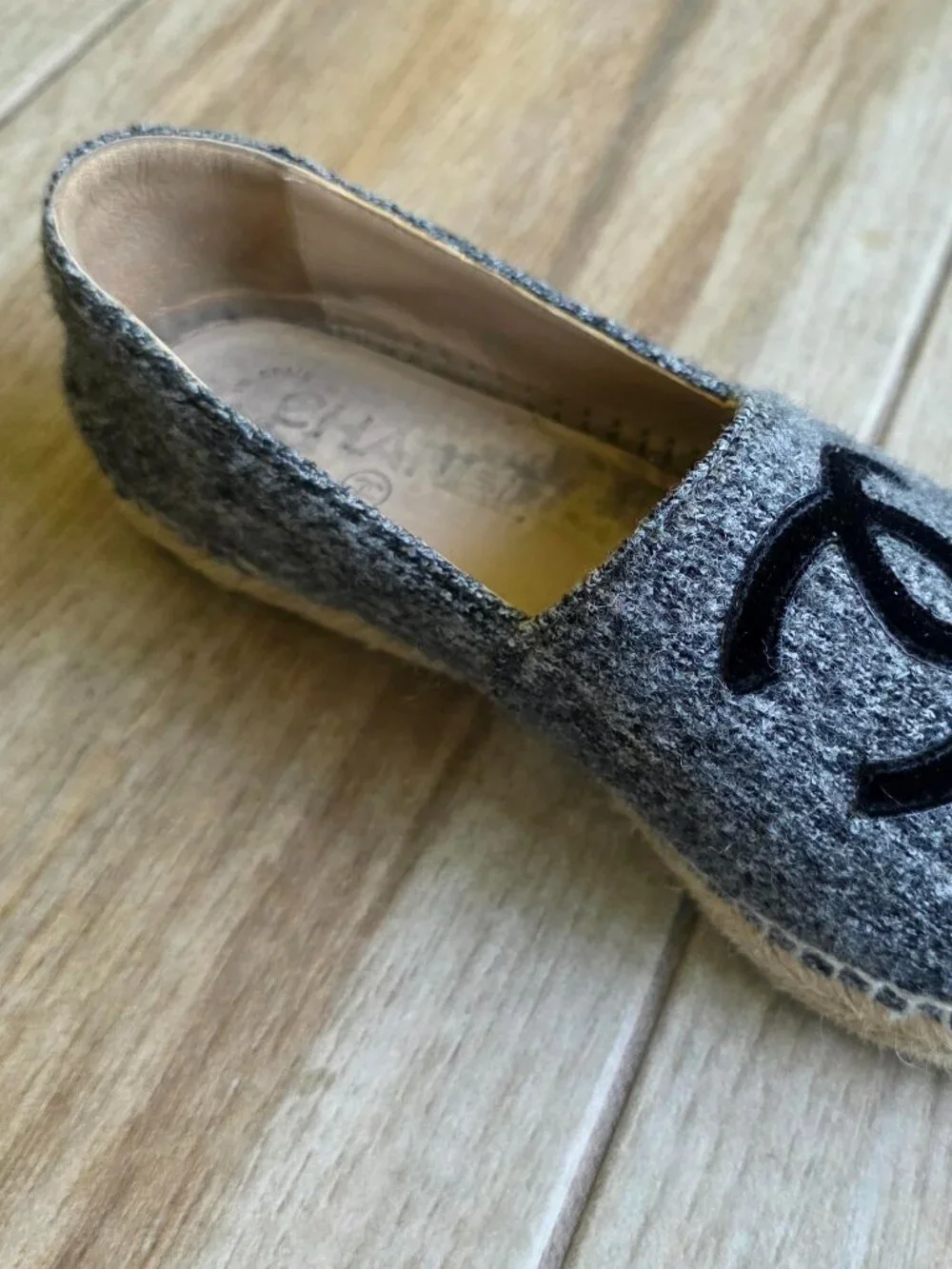 CHANEL Grey Espadrilles CC Black Velvet Grey Tweed Shoe Eur. 37